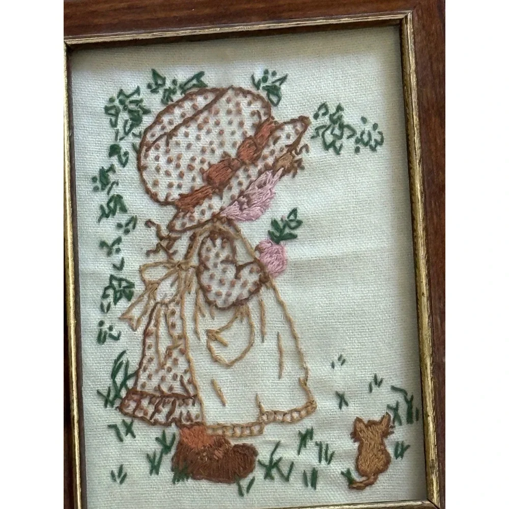 Vintage Holly Hobbie Style Needlepoint Framed Wall Art Set of 2 Kay Valentina